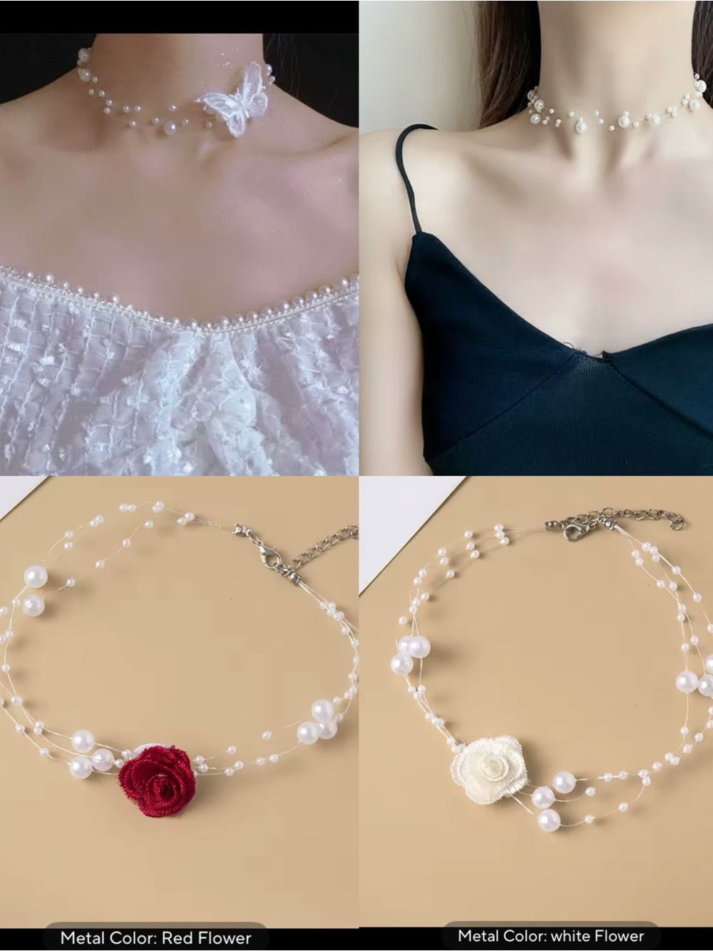 Delicate butterflies roses Pearl Cluster Choker Necklace adjustable NWT